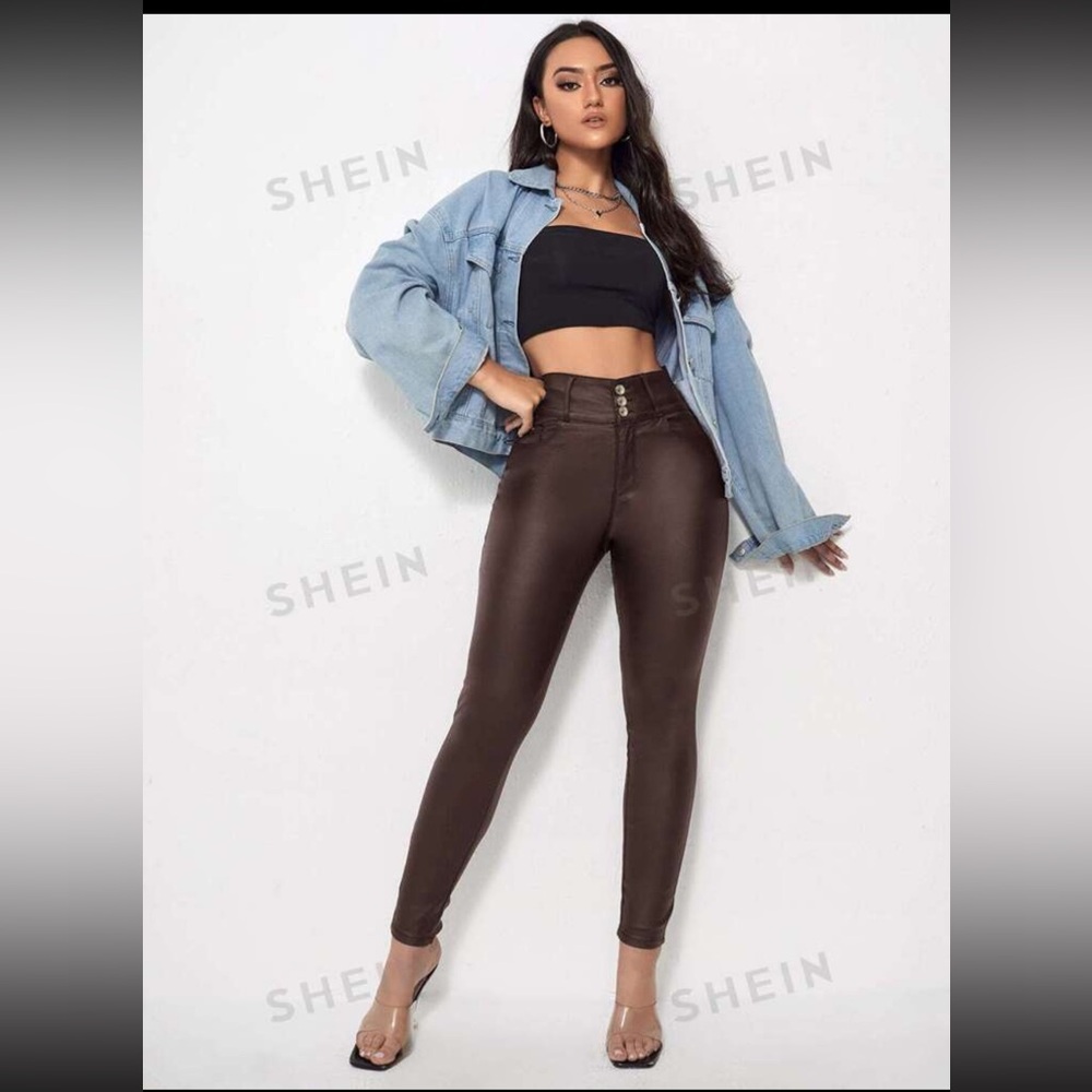SHEIN Brown High-Waisted Slim Jeans